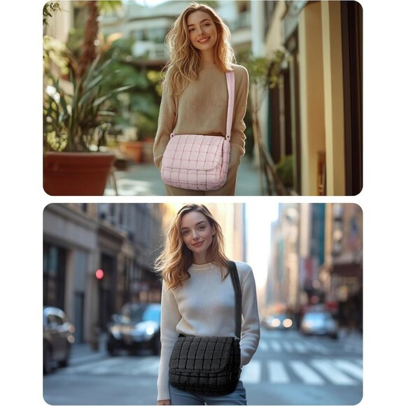 💫 Women Black Adjustable Strap Medium Quilted Puffer Durable Soft Crossbody Bag - Picture 5 of 6